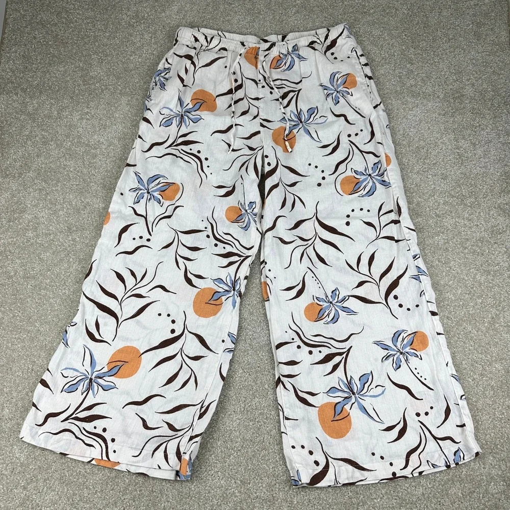 Calypso St Barth Linen Wide Leg Pants XL White Floral Tropical Coastal Beachy